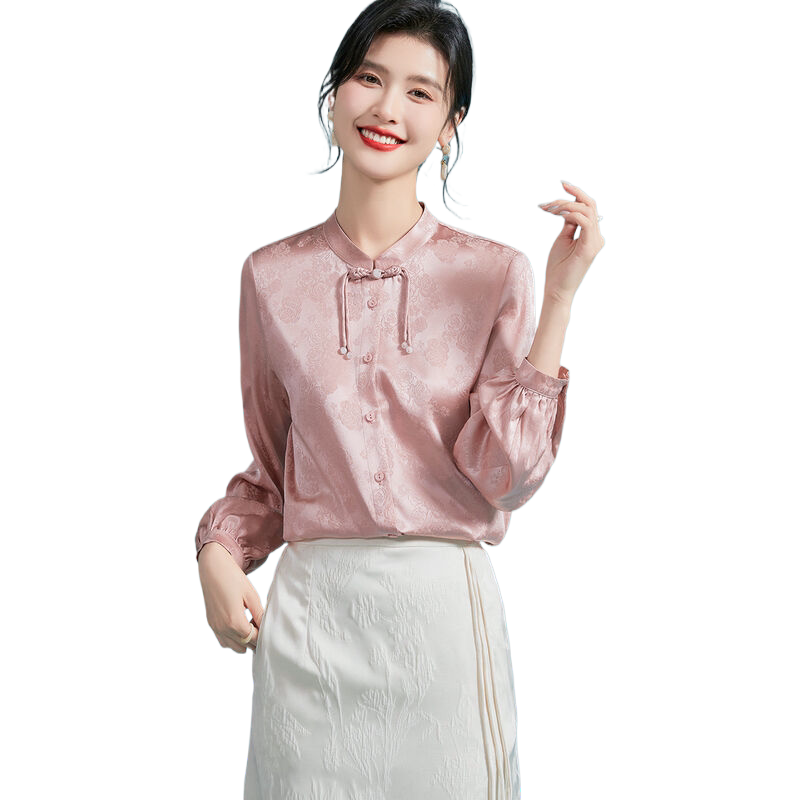 金菊桑蚕丝提花纯色春夏圆领长袖新中式盘扣开衫舒适亲肤女式衬衫