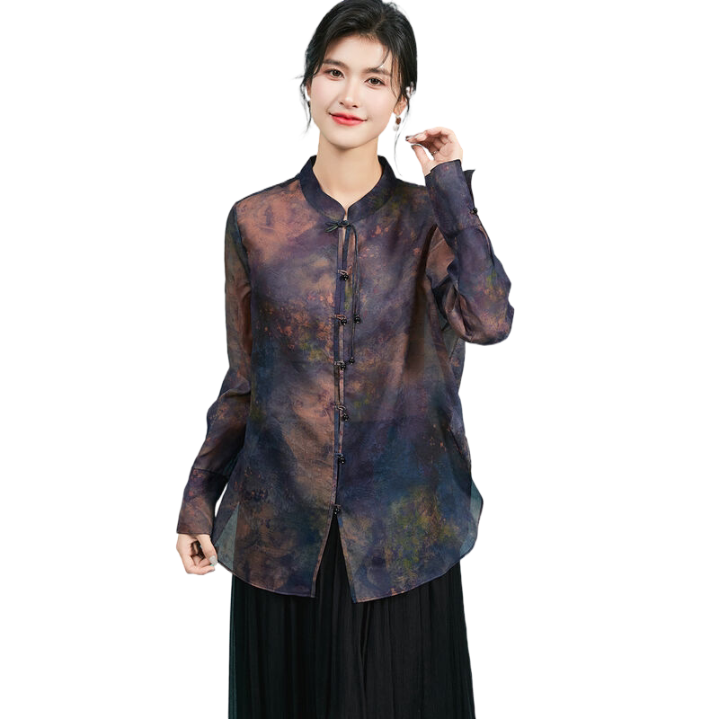 【100%桑蚕丝】春夏国风中国扣真丝绡提花V领长袖女式衬衫