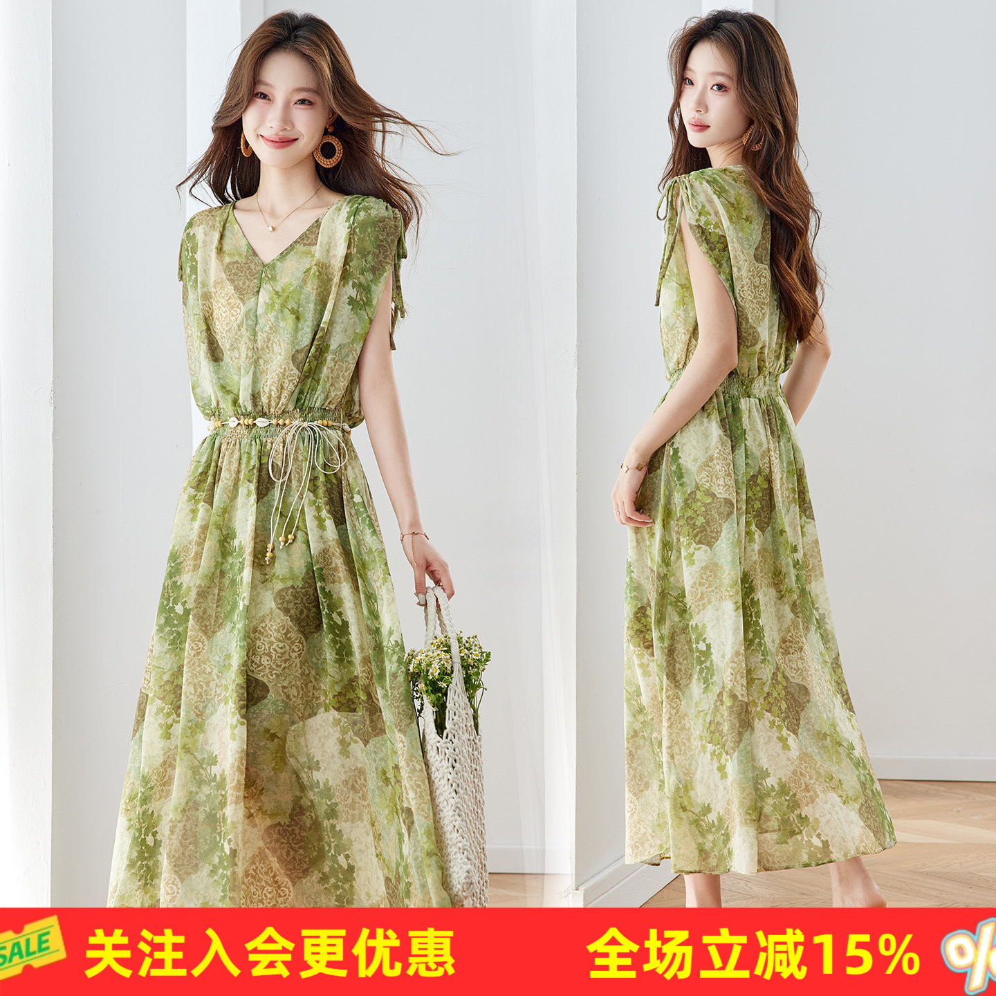 夏季森系V领无袖两侧可抽绳松紧腰搭配流苏腰带植物印花连衣裙