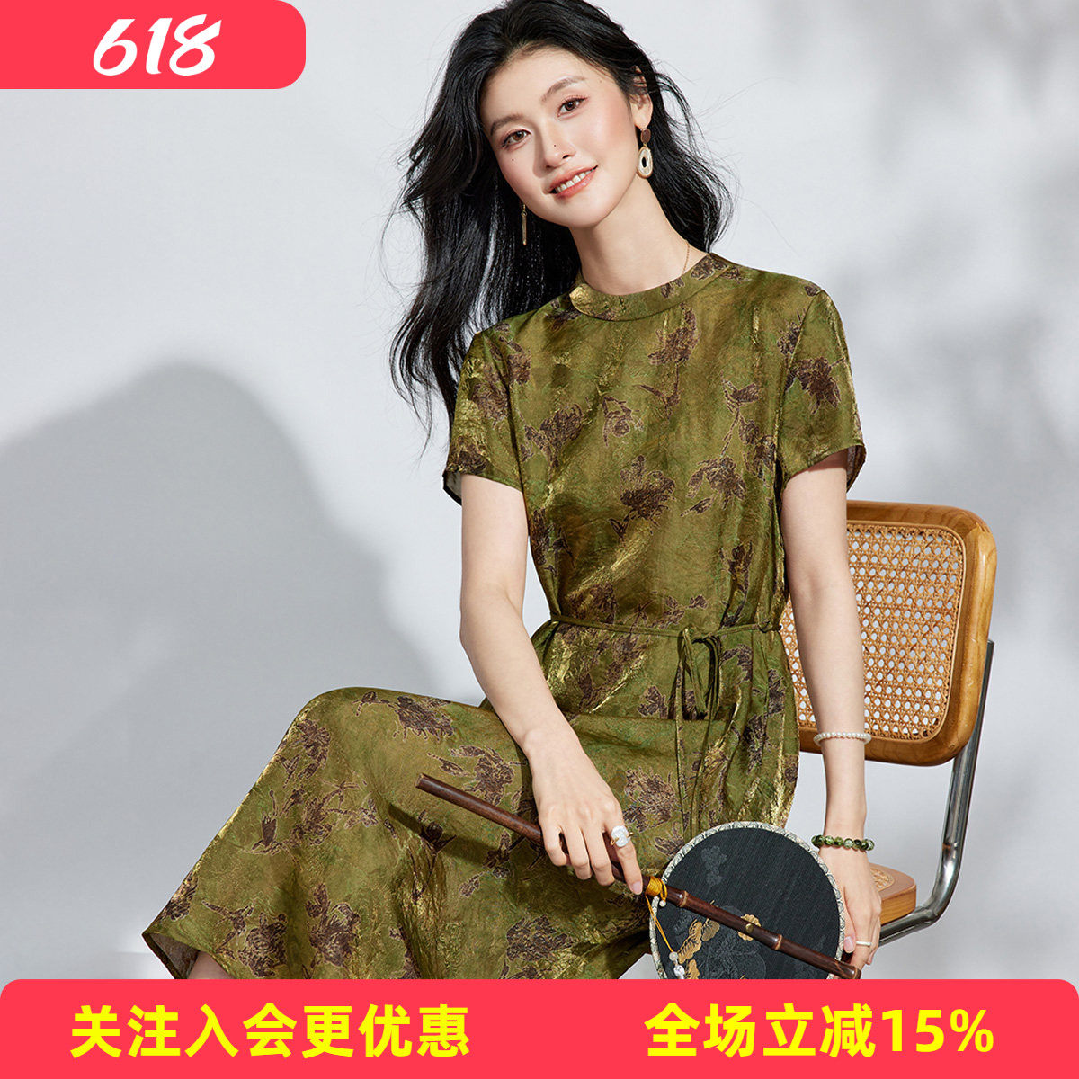 【含亚麻印花连衣裙】夏季薄款文艺气质通勤直筒裙遮肉显瘦长裙子
