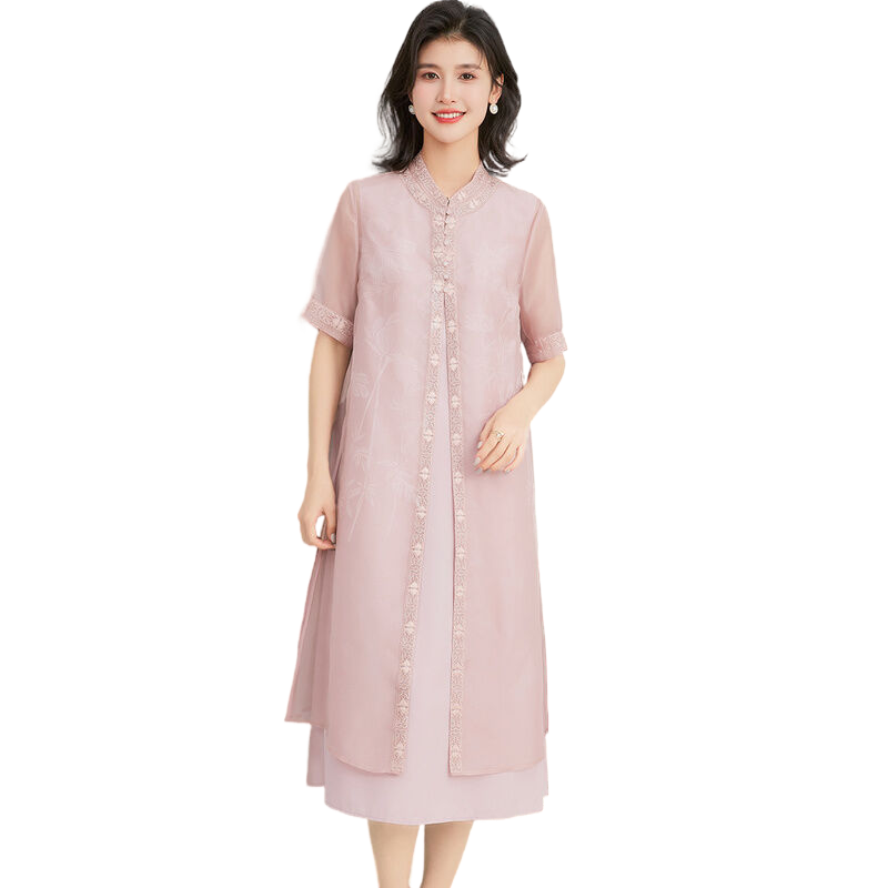 【提花两件套】春夏时尚立领短袖开衫刺绣桑蚕丝女式真丝连衣裙