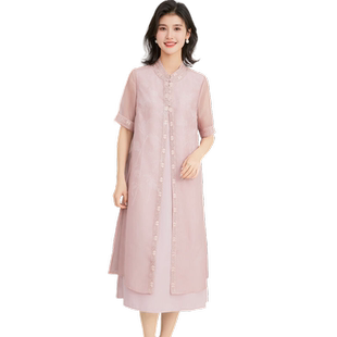 【提花两件套】春夏时尚立领短袖开衫刺绣桑蚕丝女式真丝连衣裙