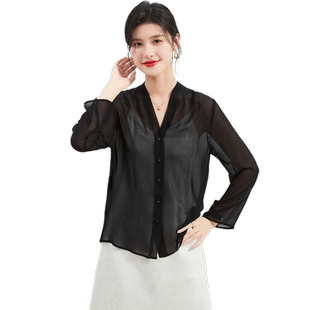 金菊100%桑蚕丝乔其纱春夏V领长袖纯色舒适透气薄款女式衬衫
