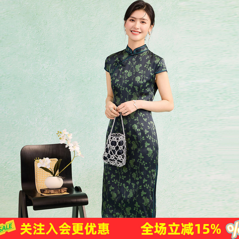 金菊【桑蚕丝国风旗袍】26年新品立领包袖斜襟玫瑰花卉女式连衣裙