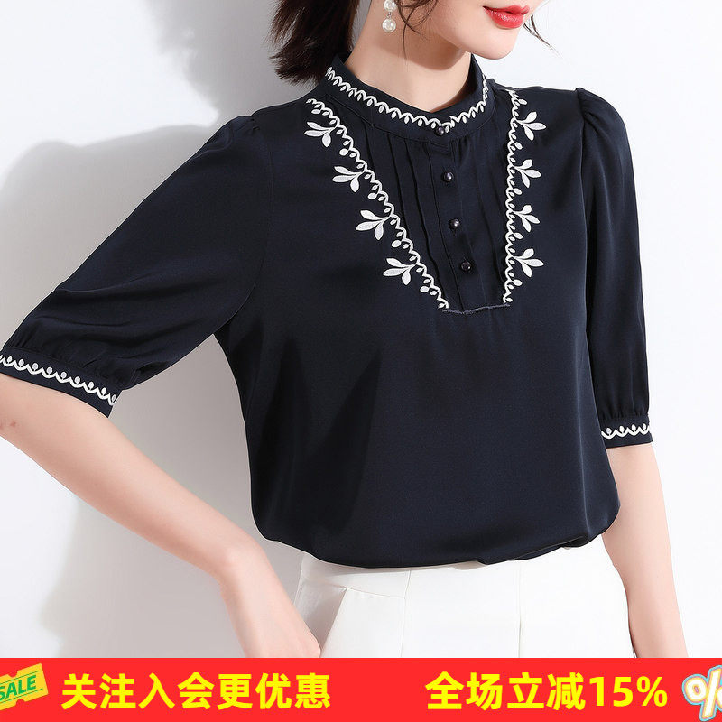 金菊夏季新款精致绣花小立领减龄泡泡袖桑蚕丝女式T恤