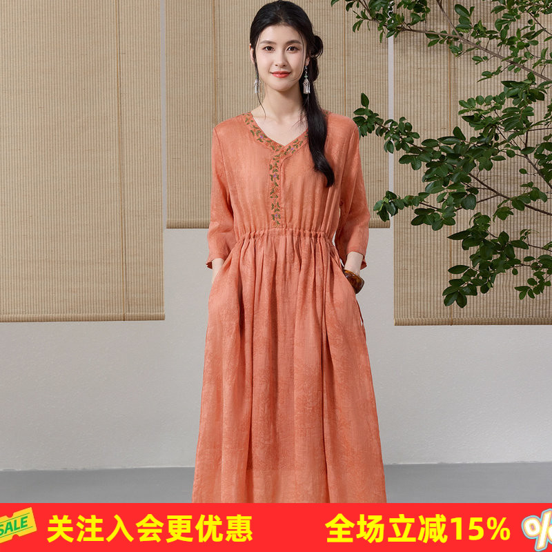 金菊【苎麻】2026年夏森系民族风刺绣绣花V领宽松女式连衣裙