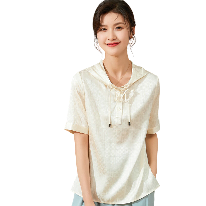 【重磅桑蚕丝】暗纹提花夏季连帽上衣短袖微弹通勤百搭女式T恤