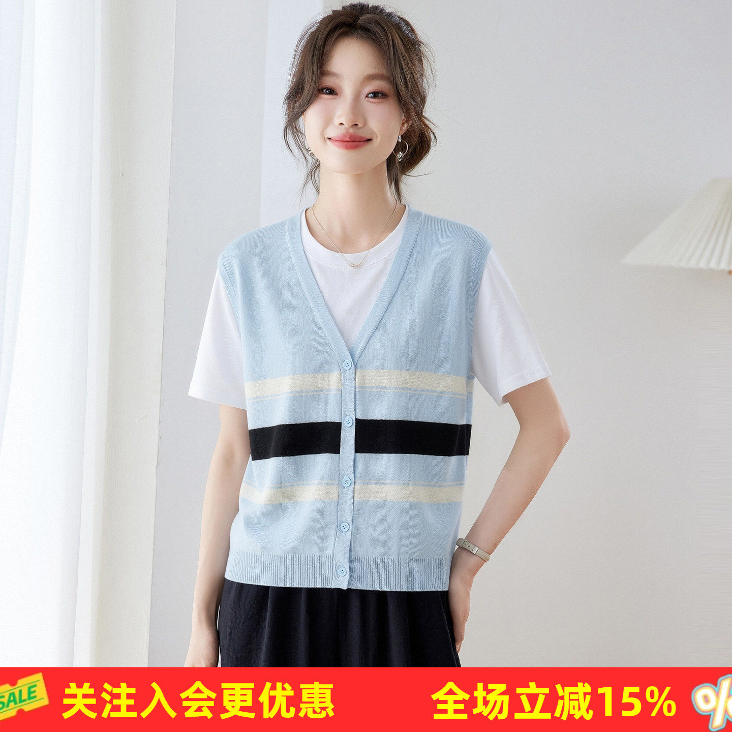 金菊通勤夏季短袖学院风条纹气质V领宽松显瘦上衣女式针织衫