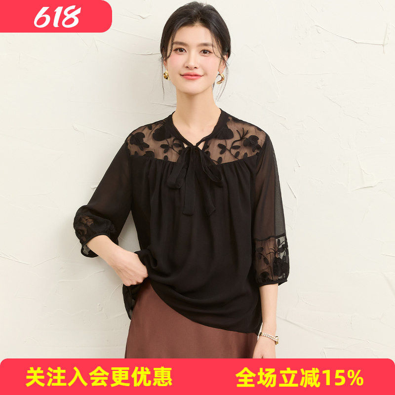 金菊乔其+顺纡绣花100%桑蚕丝套头上衣肩部袖口蕾丝透视女式衬衫