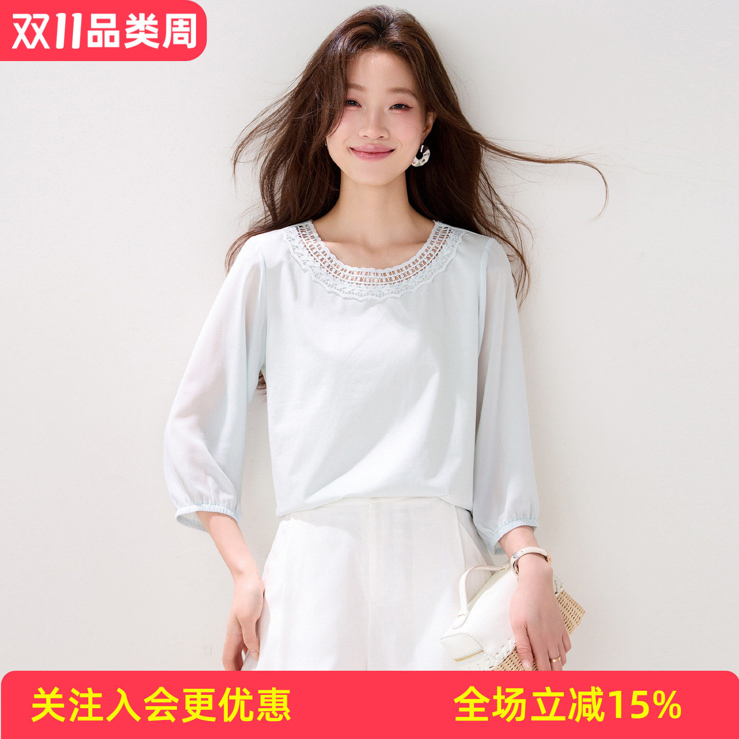 金菊春夏温柔风蕾丝领 棉身拼接雪纺灯笼中袖显瘦气质打底女式T恤