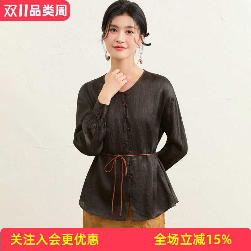 金菊【真丝香云纱衬衫】26年秋冬新款圆领长袖新中式纯色女士开衫