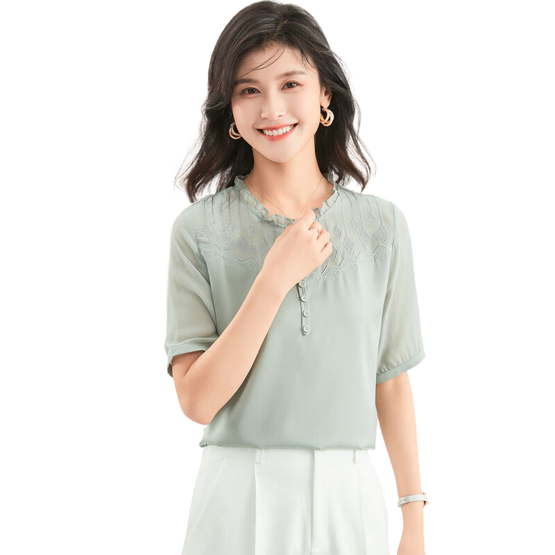 金菊气质木耳边纯色微镂空刺绣上衣短袖桑蚕丝春夏女式T恤