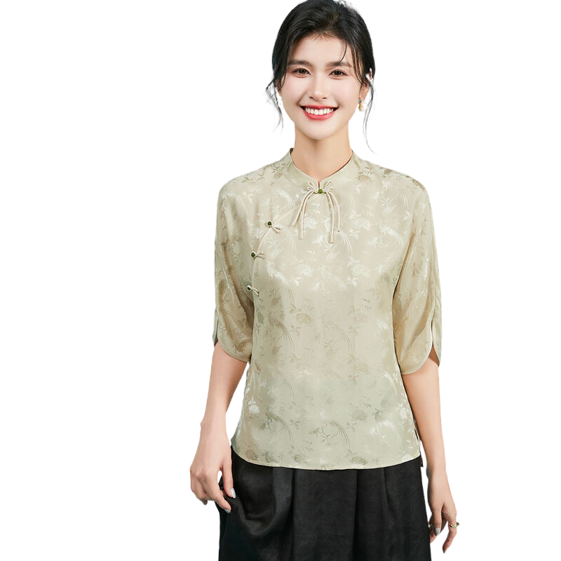 【桑蚕丝】时尚新中式高端盘扣提花立领五分袖亲肤舒适女式T恤