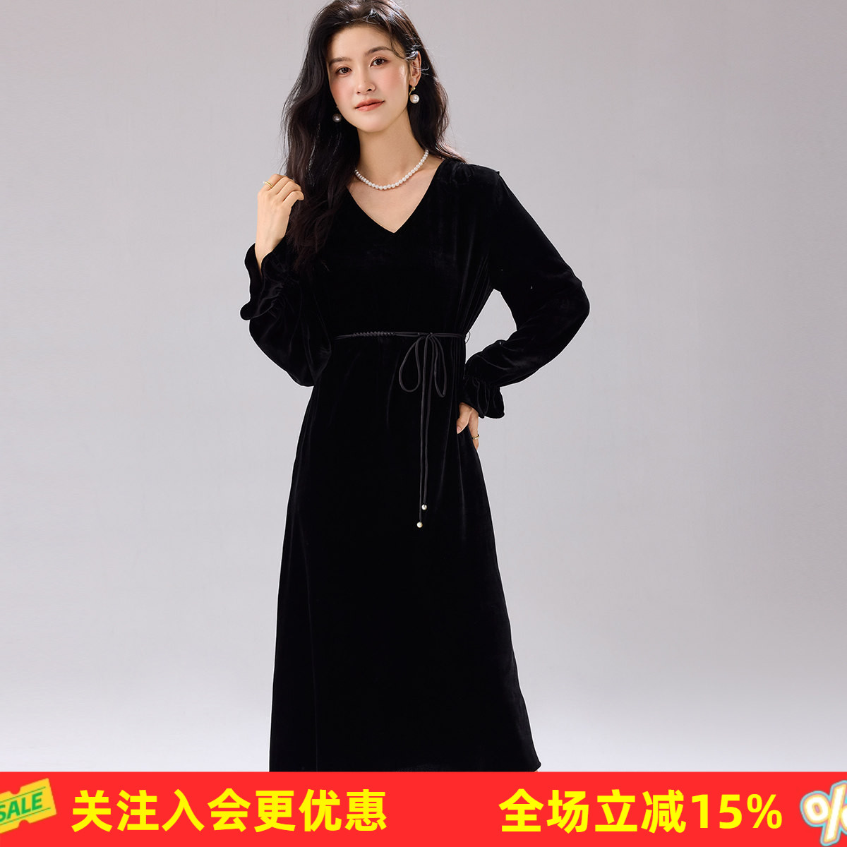 金菊时尚高级感【连衣裙】26年春秋新款V领配腰带设计喇叭袖