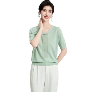 含桑蚕丝小清新上衣夏季纯色V领五分袖女式针织衫门襟立体装饰