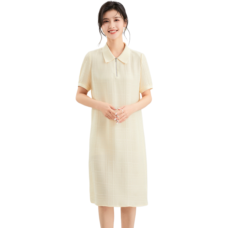 金菊100%真丝立体格纹春夏舒适翻领半开襟桑蚕丝优雅连衣裙女