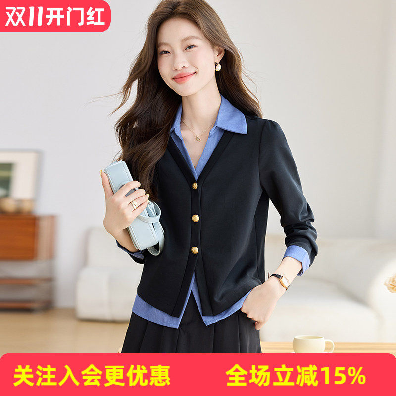 简约撞色假两件衬衣女V领金色纽扣拼接牛仔翻领休闲通勤长袖小衫