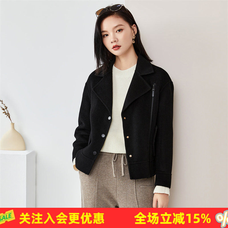 金菊纯手工缝制!撞色短款100%绵羊毛双面呢秋冬新款女式大衣