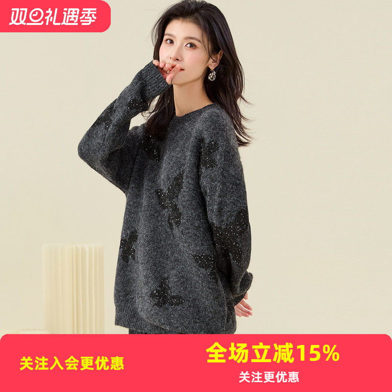 金菊含羊毛25年冬季新款厚款圆领蝴蝶提花织亮片套头上衣宽松大版