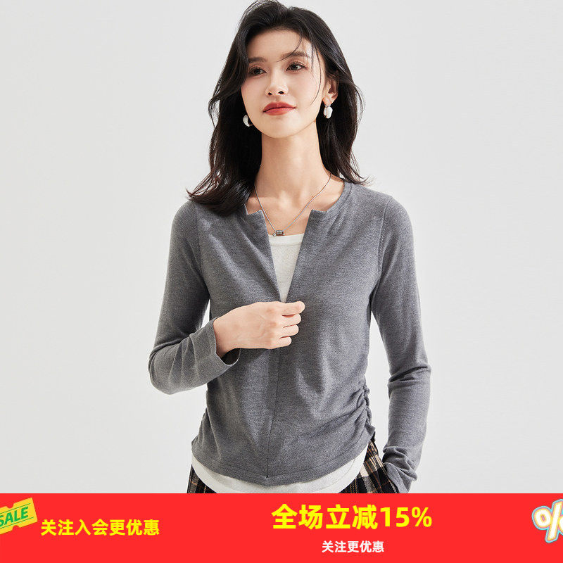 金菊含桑蚕丝【假两件】圆领拉链门襟柔软舒适薄款套头女式针织衫