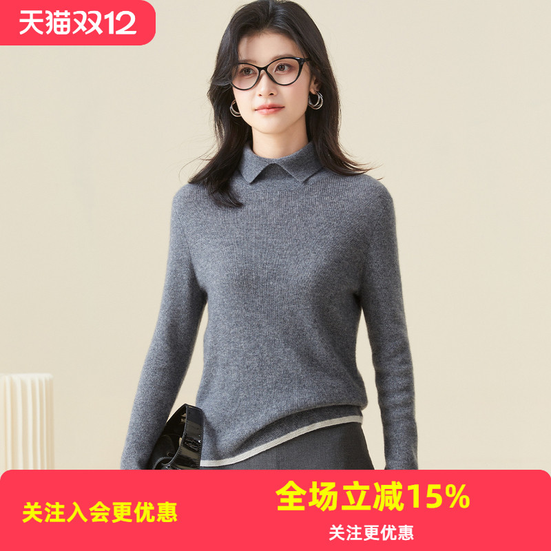 金菊25年秋冬新款山羊绒翻领女羊绒针织衫软糯保暖舒适套头上衣