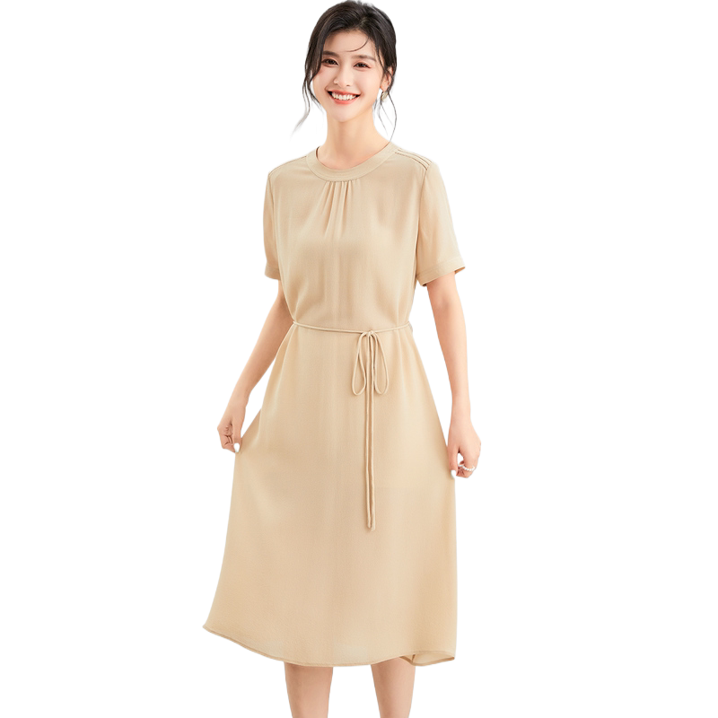 金菊100%重磅真丝春夏通勤纯色圆领短袖直筒桑蚕丝连衣裙女