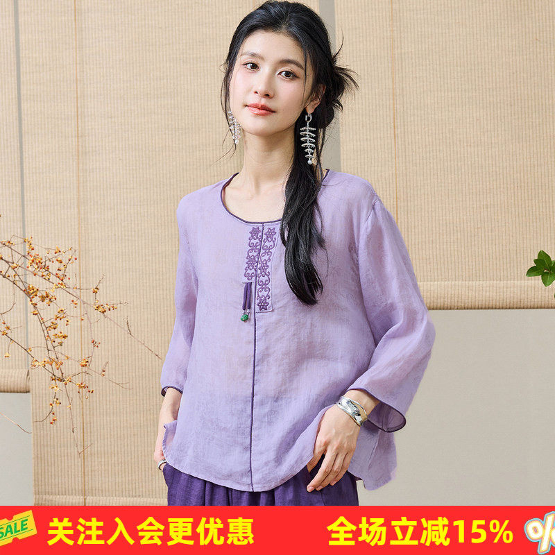 金菊新中式女装26夏新款圆领刺绣流苏小衫苎麻烧花宽松九分袖T恤