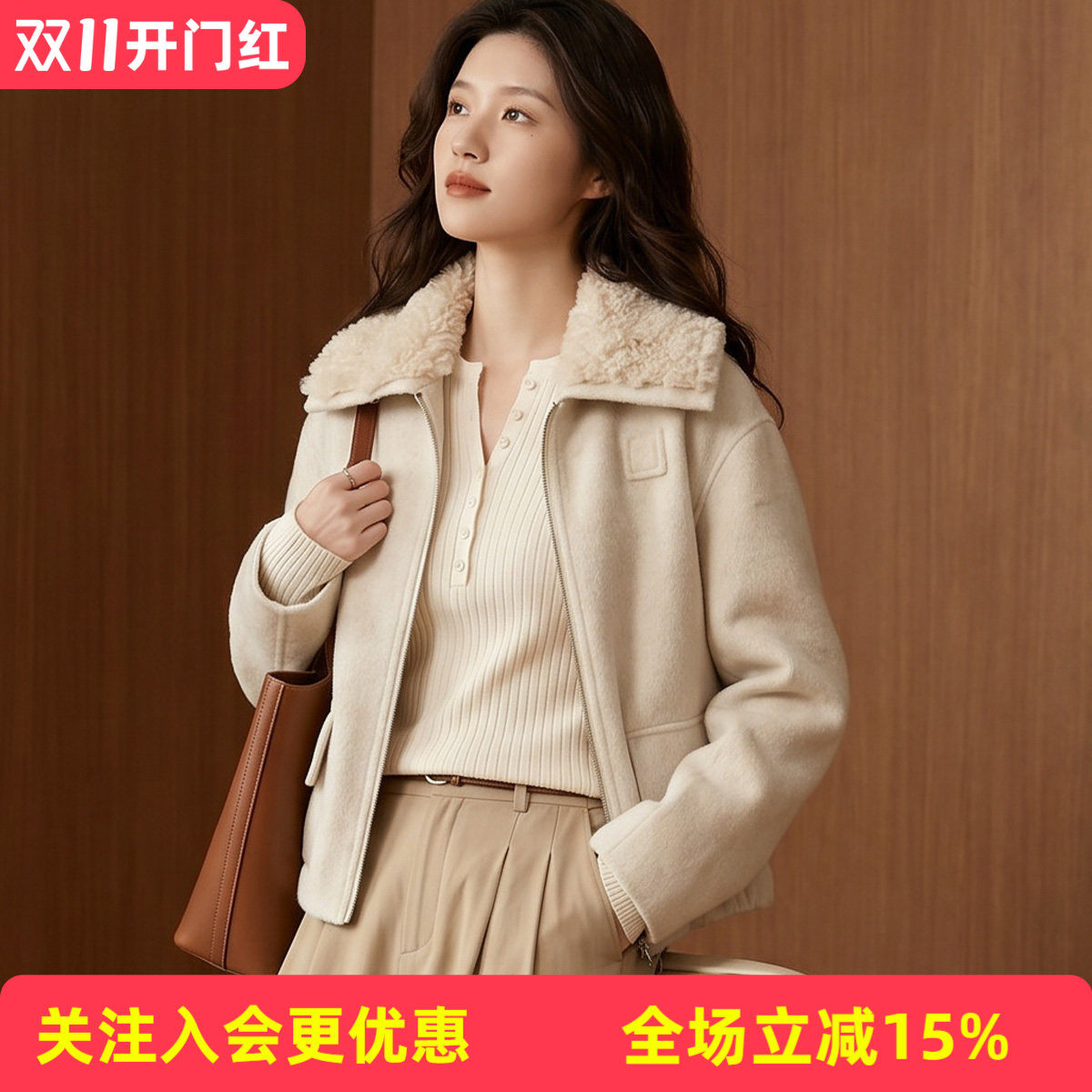 【绵羊毛】羊毛羔翻领纯色派克服外套秋冬新款长袖保暖双面呢大衣