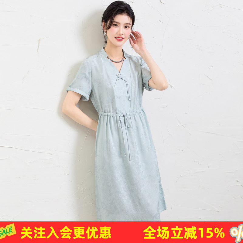 金菊新中式暗纹提花裙【桑蚕丝】26年夏季新品中国结装饰连衣裙