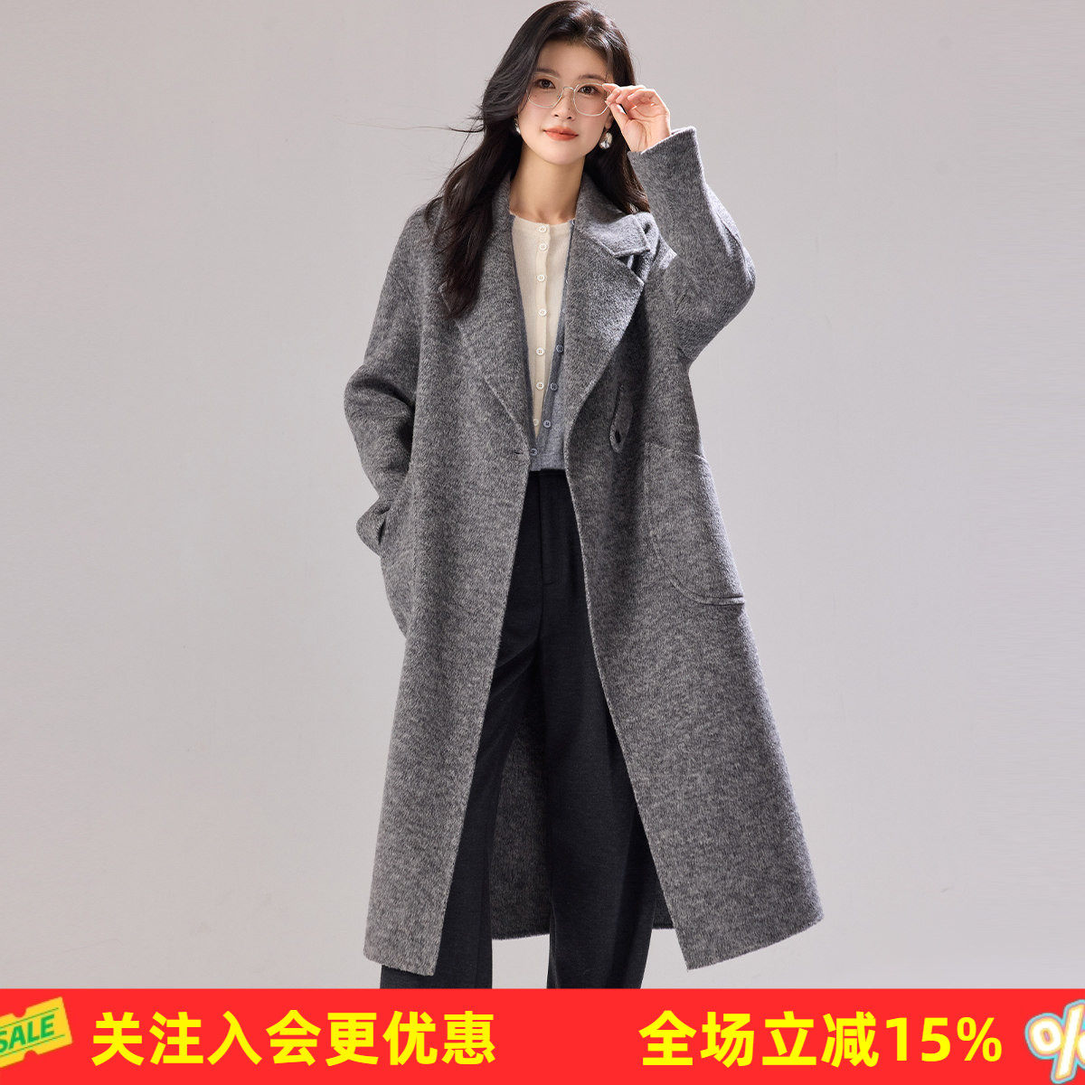 金菊含羊绒【毛呢羊毛大衣】春秋新款西装领个性时尚女式长款外套