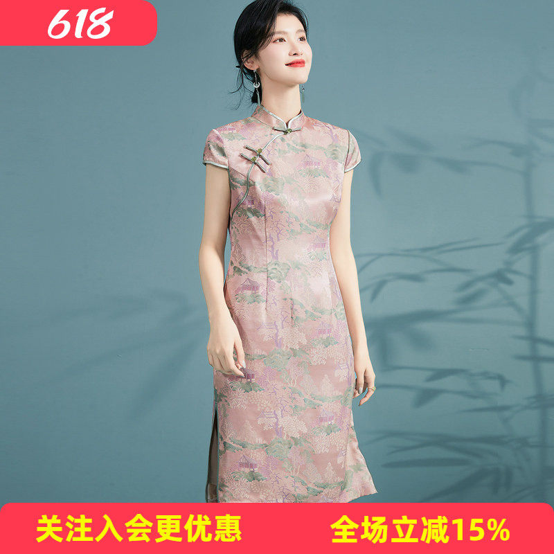 金菊桑蚕丝旗袍春夏新中式立领包袖高端气质国风日常女式连衣裙