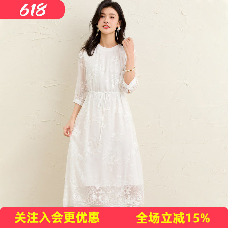 【真丝顺纡绣花】26年夏季桑蚕丝纯色五分袖宽松大版女式连衣裙