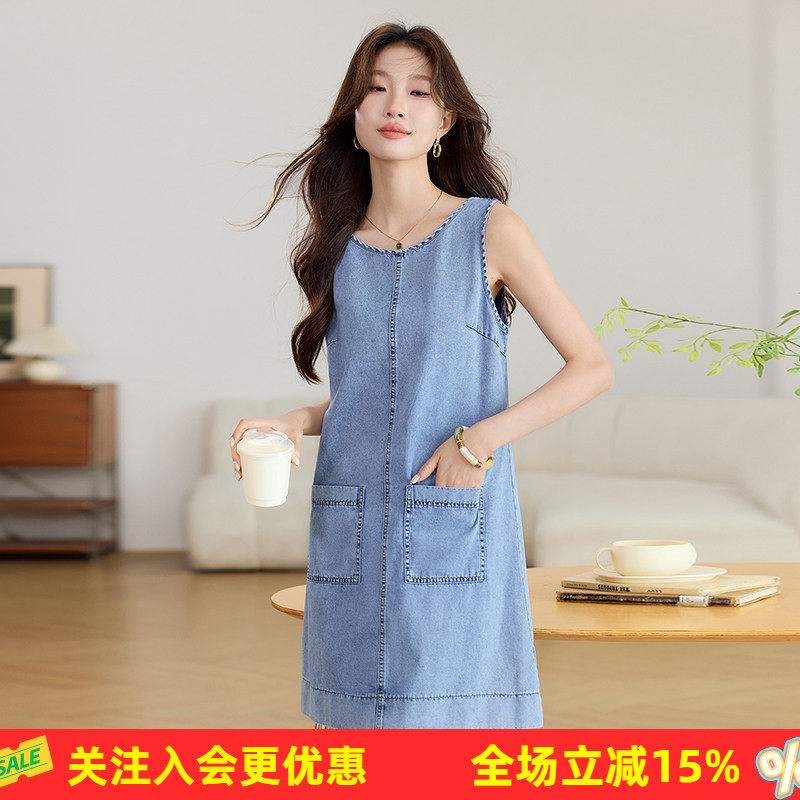 复古休闲直筒牛仔背心裙柔软垂顺无袖宽松百搭日常减龄短连衣裙