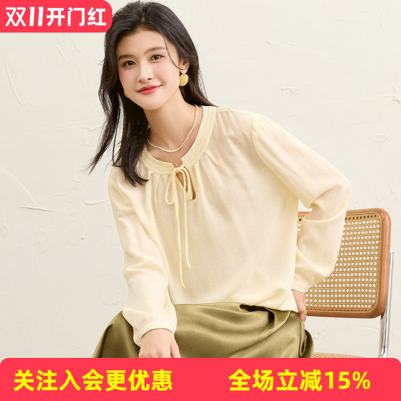 金菊桑蚕丝100%真丝莫兰迪色系26年春夏小众胸前绑带设计感T恤