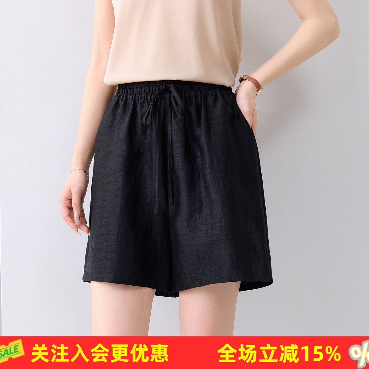 金菊真丝100%桑蚕丝纯色短裤夏款休闲风宽松舒适松紧腰女式休闲裤