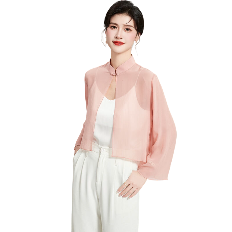桑蚕丝100%真丝新中式夏季立领长袖纯色女式外套开衫舒适透气