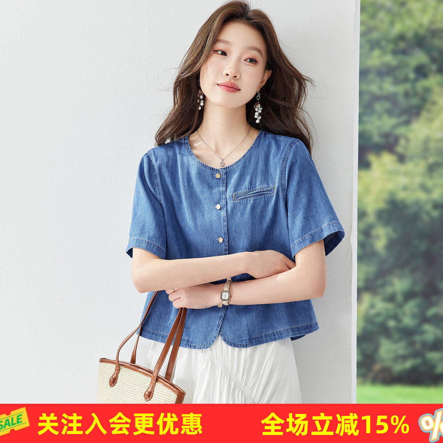 金菊夏季新款圆领牛仔短袖宽松遮肉显瘦短款薄款透气女式衬衫