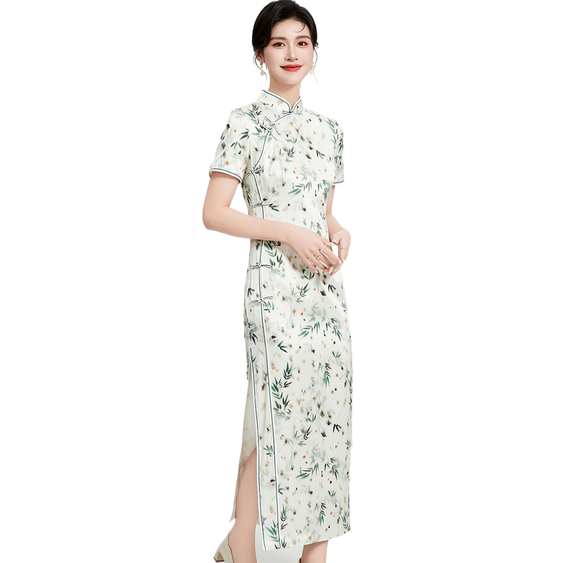 【桑蚕丝国风旗袍】夏季立领短袖长款下摆开叉女式连衣裙修身