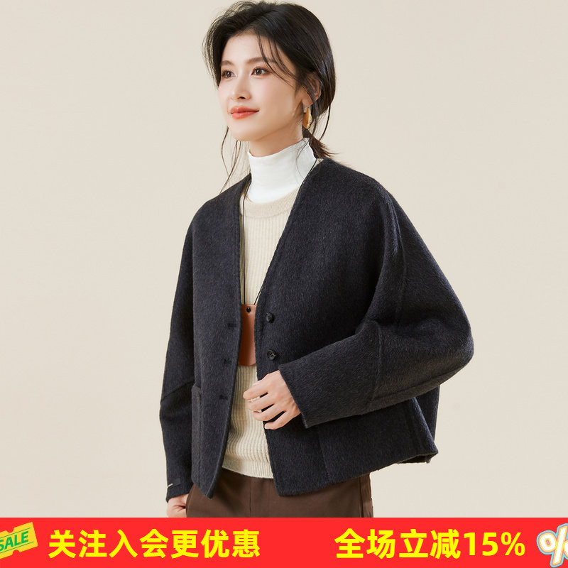 金菊春秋新款高端气质双面羊毛呢短款外套女包边扭花设计韩系大衣