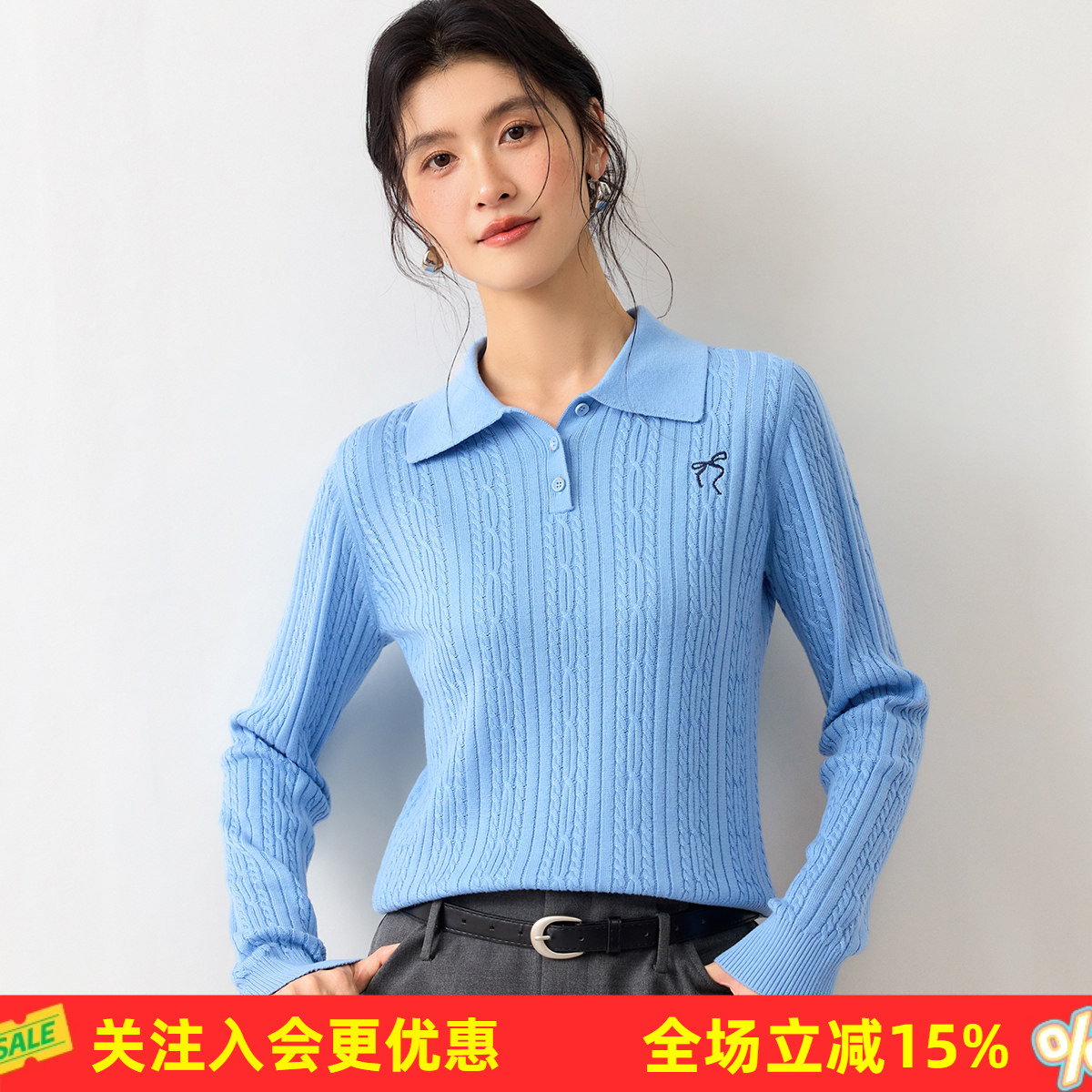 金菊26年春款【含桑蚕丝】翻领长袖套头绞花蝴蝶结精致女式针织衫