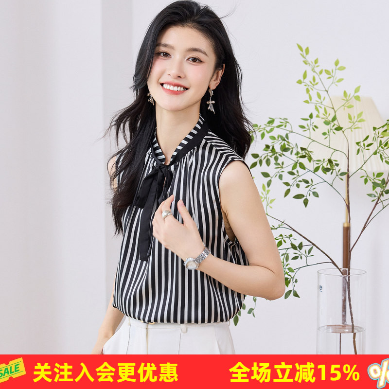 金菊OL通勤装桑蚕丝上衣2026女夏季飘带系带无袖条纹T恤透气