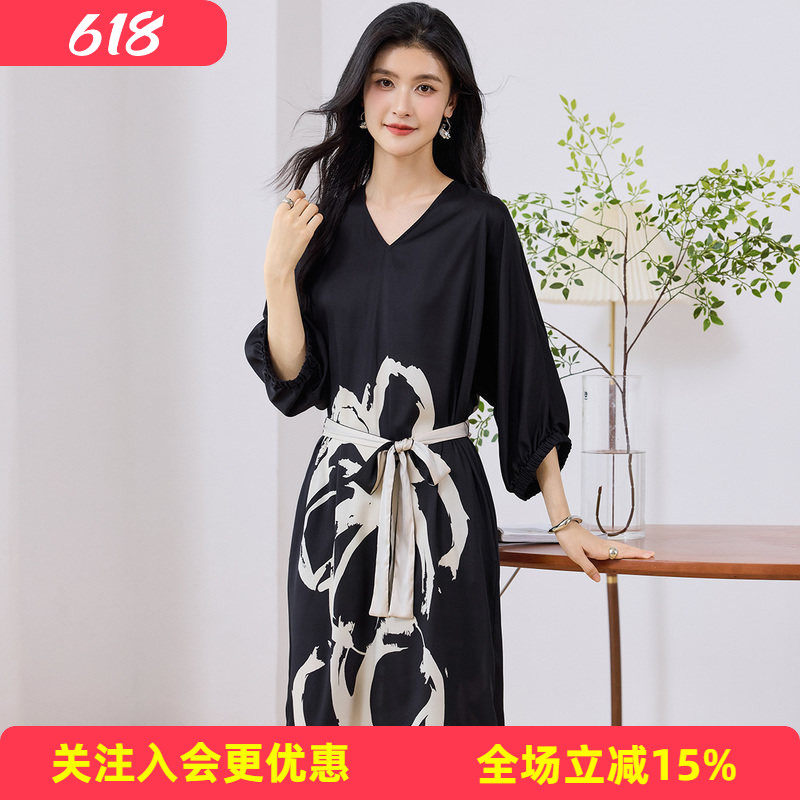【桑蚕丝直筒裙】V领五分袖连衣裙女夏季高级感富贵气质通勤休闲5