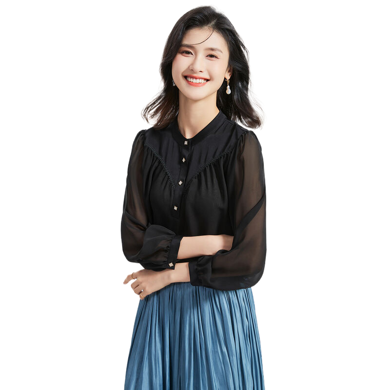 金菊桑蚕丝宫廷风上衣春季立领泡泡袖纯色拼接半开襟女式T恤
