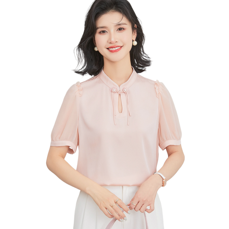 【新中式短袖】桑蚕丝夏季立领纯色流苏花朵盘扣女式T恤中国风