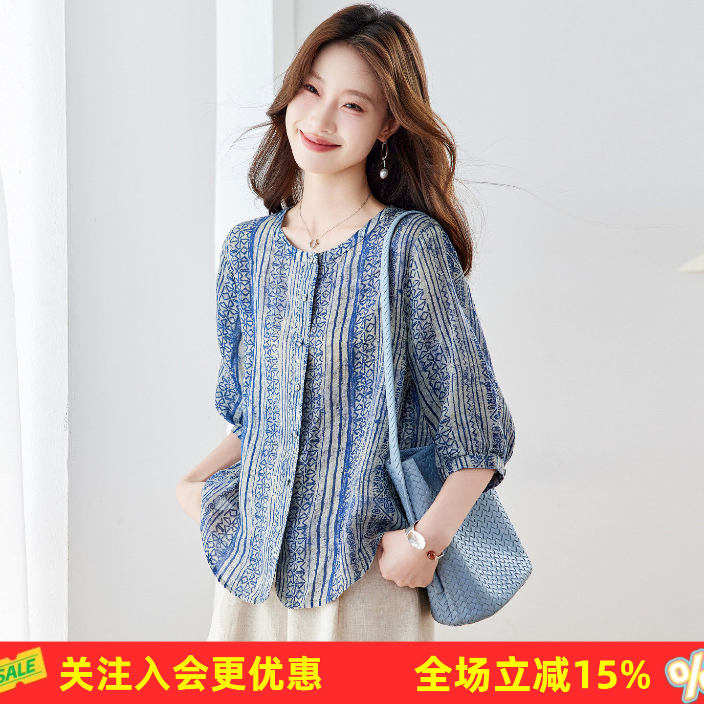 金菊夏季复古纹印花棉麻圆领七分灯笼袖宽松遮肉透气上衣女式衬衫