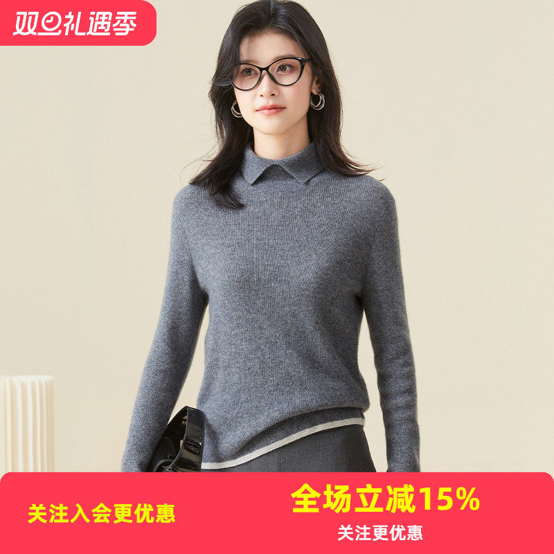 金菊25年秋冬新款山羊绒翻领女羊绒针织衫软糯保暖舒适套头上衣