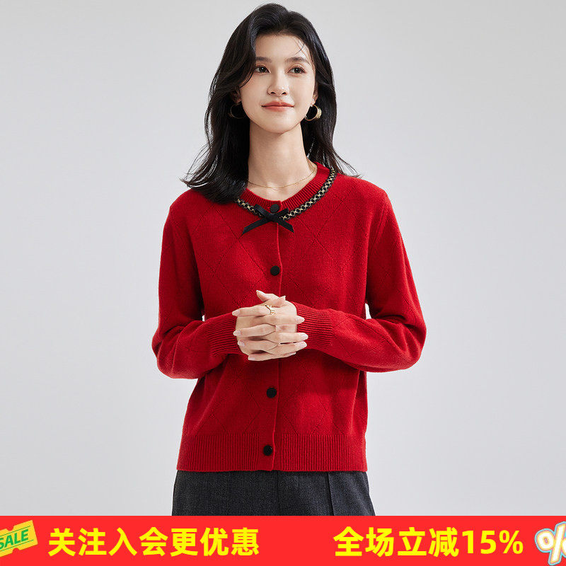 金菊绵羊毛100%【甜美风蝴蝶结开衫羊毛衫】春秋纯色格纹女式外套