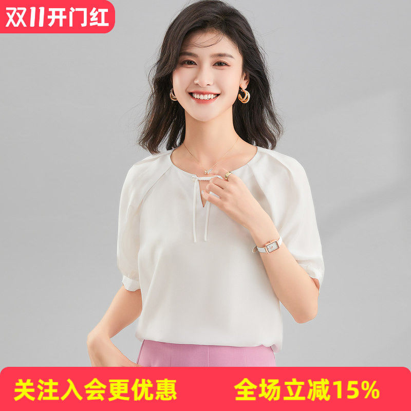 金菊欧若风100%桑蚕丝电力纺五分袖夏系带泡泡袖真丝女式T恤