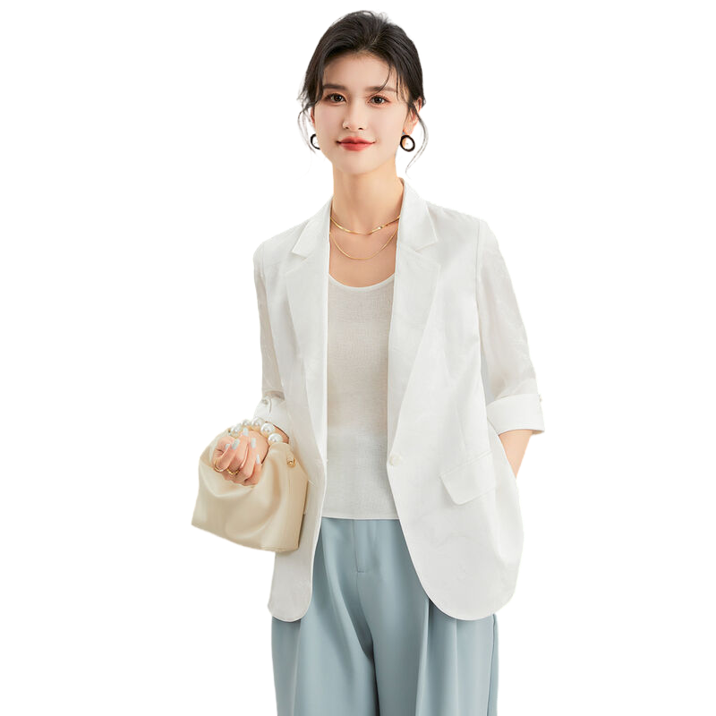 【重磅100%真丝小西装】春季通勤暗纹提花开衫桑蚕丝女式外套