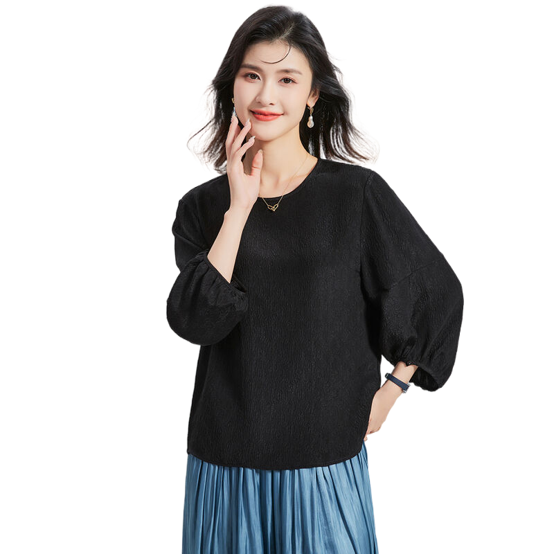金菊100%真丝春季圆领提花泡泡袖桑蚕丝上衣女式T恤